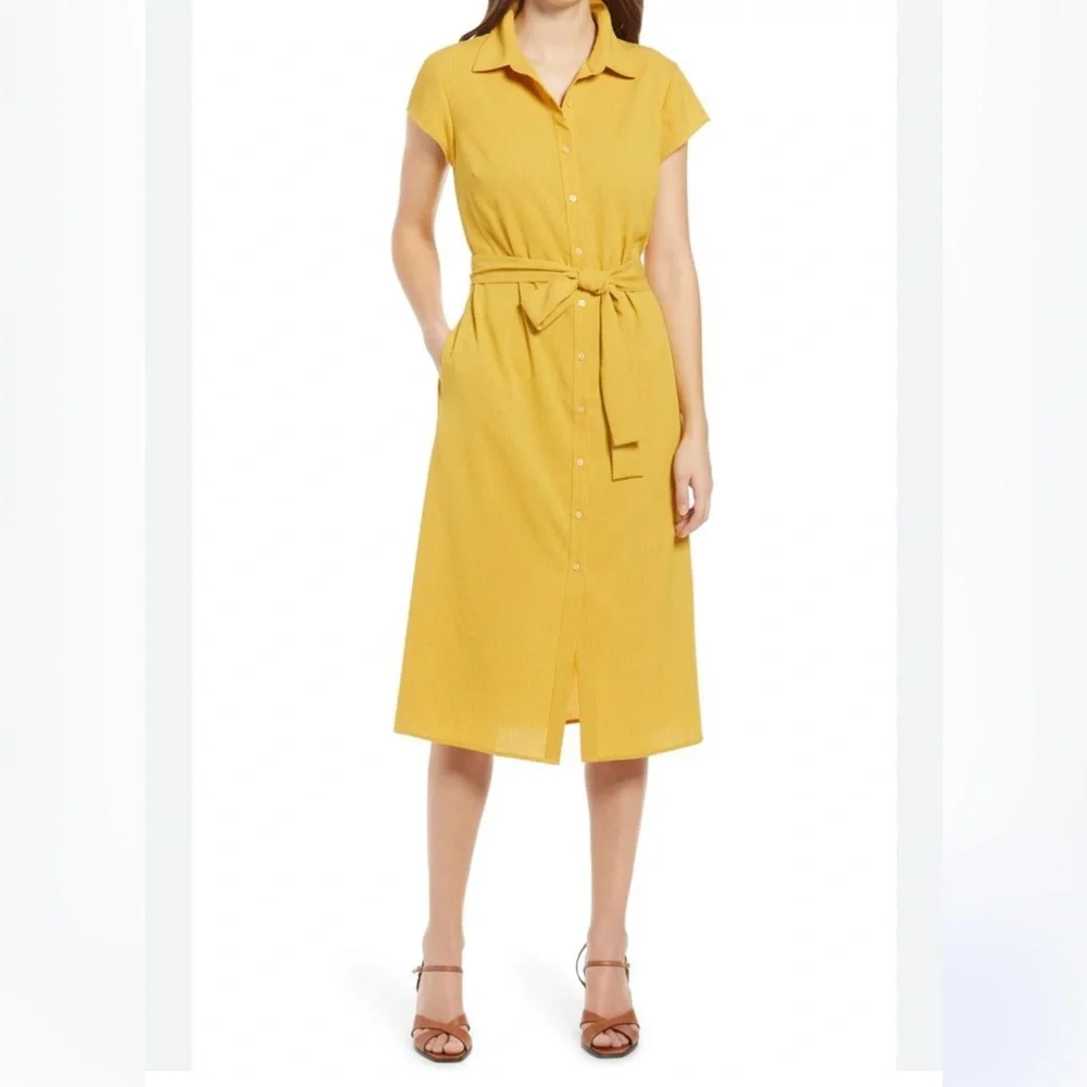 Halogen (Nordstrom) Orange Tie-waist Midi Shirt Dress NWOT - Picture 2 of 9